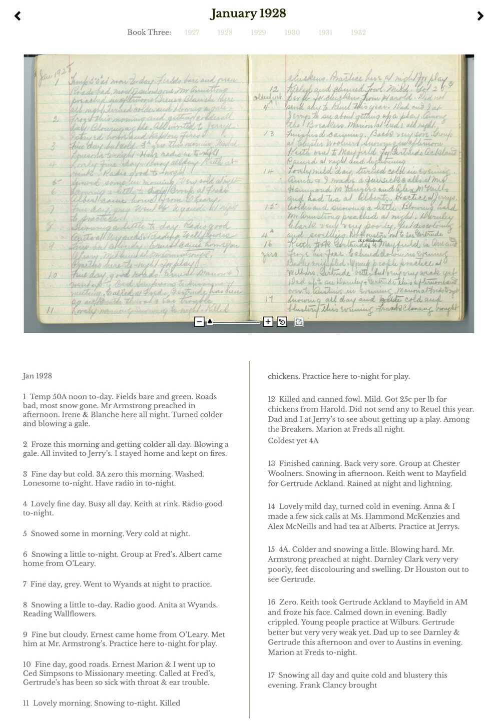 sample scan & transcription of diary page